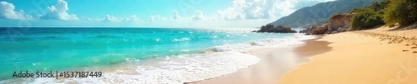Fototapeta Sun-drenched beach scene with vibrant blue ocean waves crashing on the shore, golden sand, and a bright summer sky Perfect for travel, vacation, or summer themes , summertime, travel