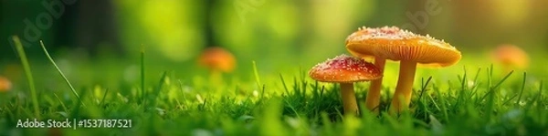 Fototapeta Vibrant orange and yellow mushrooms thrive in the lush green summer grass, sunlight dappling through leaves A captivating scene of fungal growth in its natural habitat , summer, idyllic, life cycle