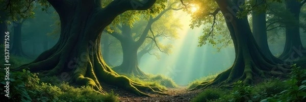 Fototapeta Enigmatic forest bathed in ethereal sunlight, ancient trees draped in moss, a mystical aura pervades the scene, hinting at hidden magic and secrets within nature's embrace , forest, shadows, texture