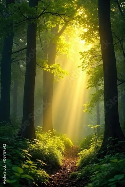 Fototapeta Golden sunbeams pierce through gaps in a lush forest canopy, illuminating the forest floor with dappled light Perfect for nature, tranquility, and serenity themes , green, beams