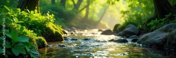 Fototapeta Serene nature scene evokes divine feminine energy; flowing water, lush greenery, sunlit leaves suggest spiritual connection with the earth's goddess , meditation, greenery