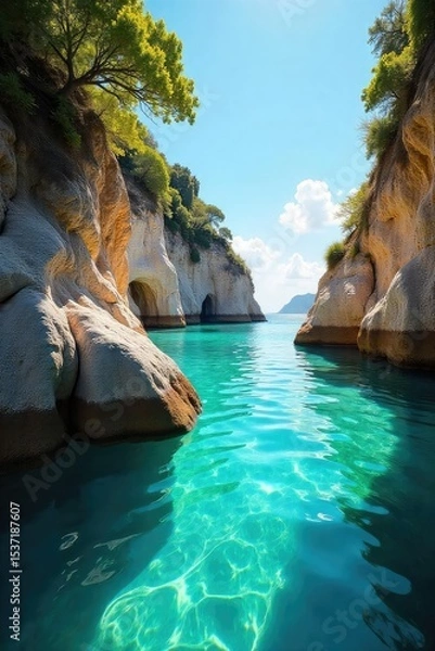 Fototapeta Sun-drenched secluded cove, calm turquoise water laps gently against smooth, sun-warmed rocks Perfect summer escape, idyllic scene of tranquility and natural beauty , coast, rocks, ocean