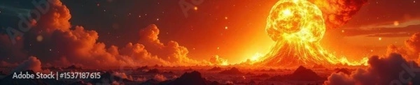 Fototapeta Fiery explosion, intense heat and light, rapid expansion of gases Perfect for illustrating concepts of combustion, destruction, or power , devastation, blast, inferno