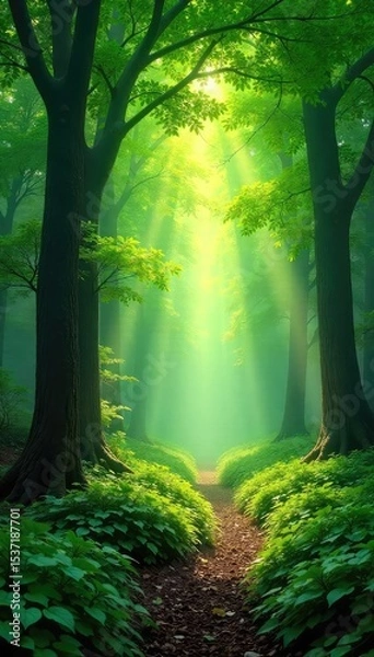 Fototapeta Lush green forest canopy, sunlight dappling through leaves, creating a magical atmosphere Perfect for nature, environmental, and travel themes Tranquil and serene woodland scene , ray, canopy