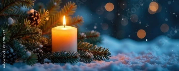 Fototapeta Warm, flickering candlelight illuminates a cluster of pine branches, creating a cozy and inviting winter scene Perfect for holiday or nature-themed projects , fragrance, festive, shadows