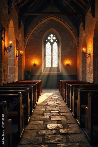 Fototapeta Serene candlelight illuminates a rustic church interior, casting warm glows on aged wooden pews and stone walls Perfect for themes of faith, peace, and tranquility , mystery, reflection, warm