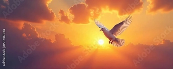 Fototapeta A pair of doves soaring through a vibrant sunset, wings outstretched in graceful flight, symbolizing the freedom and boundless nature of love , avian, tenderness