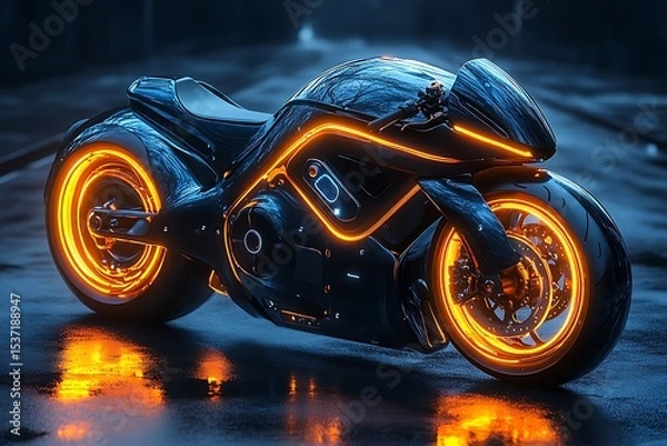 Obraz Sleek cyberpunk motorcycle with glowing neon orange lights reflecting on wet pavement