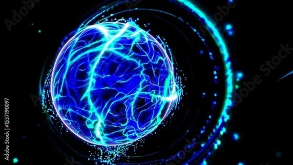 Fototapeta Abstract blue energy sphere rotating with glowing particles and light trails, representing concepts like energy, power, futuristic technology, and innovation