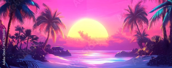 Fototapeta Retro-style vibrant sunset with palm trees in digital tropical illustration