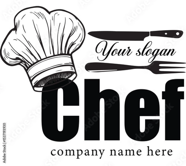 Fototapeta Pmodern chef logo template with customizable text, featuring hat, knife, and fork for culinary branding