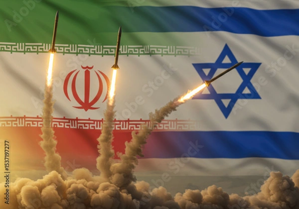 Fototapeta Missiles fired between two countries' flags