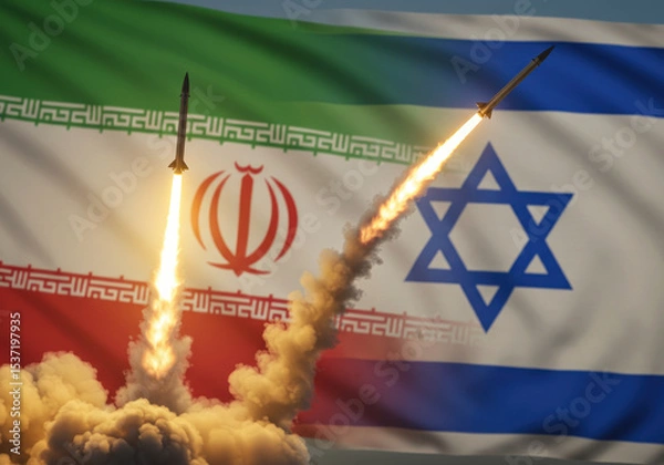 Obraz Missiles fired between the flags of Israel and Iran