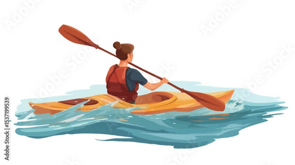 Fototapeta A vector illustration depicting a person kayaking on wavy water. The kayaker is a woman with a bun viewed from behind, wearing a life vest and dark shirt. She is paddling with a double-bladed