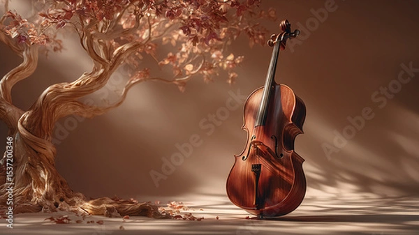 Fototapeta Wooden cello stands beside twisted tree with autumn leaves creating warm visuals with light and shadow in serene setting