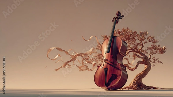 Fototapeta Cello stands beside twisted tree with flowing ribbons creating visuals with light and shadow in serene outdoor setting