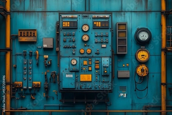 Obraz Industrial control panel displaying gauges dials and electronic components on a textured wall