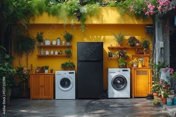 Obraz Outdoor laundry area design featuring appliances and lush greenery against a yellow wall