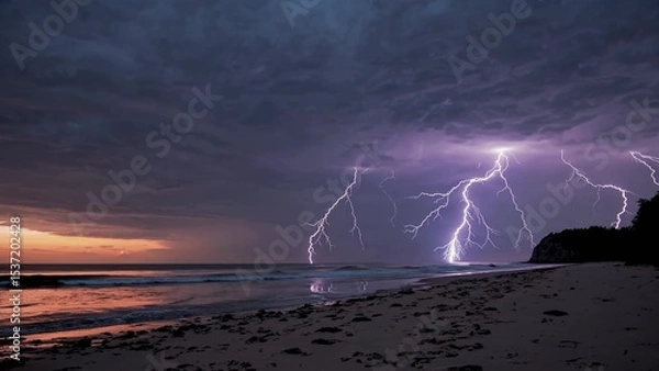 Fototapeta Multiple lightning bolts striking the ocean during sunset, casting vibrant light across a sandy beach and illuminating dramatic clouds in the twilight sky
