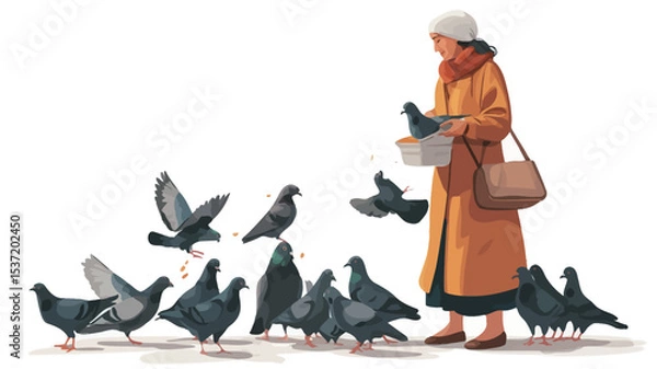 Fototapeta The illustration depicts a woman in a long orange coat and a white hat feeding a flock of pigeons.  She holds a container in her hands, scattering food.  The pigeons are grey and surround the