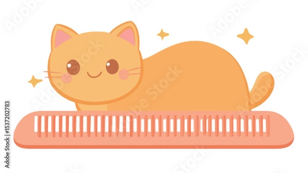 Fototapeta A digital illustration depicting a stylized, cartoon-like orange cat with large eyes and a cheerful expression. The cat is positioned on a large, light orange comb with white lines suggesting