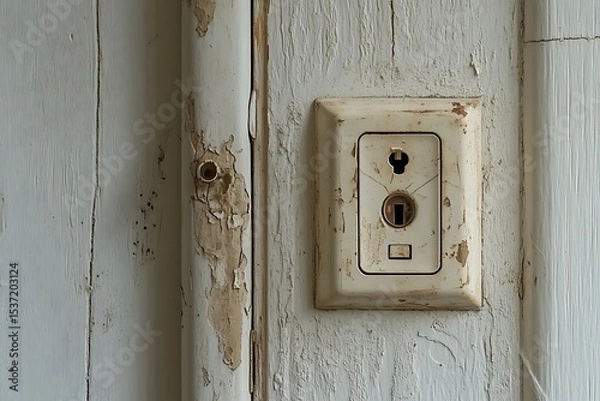 Obraz Close up of an aged electrical light switch on a textured weathered white surface.