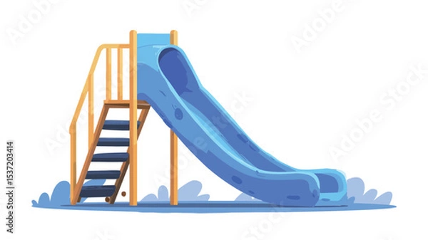 Fototapeta A digital illustration depicting a blue playground slide with yellow wooden stairs and railings. The slide is rendered in a cartoonish style with a slightly glossy finish.  It is set against a