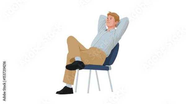 Fototapeta A full shot of a figurine of a man sitting in a simple, dark-blue chair against a white background.  He is casually dressed in a light blue shirt and khaki pants, with his legs crossed and his