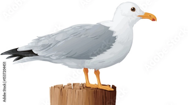 Fototapeta A digital illustration of a seagull standing on a weathered wooden post against a pure white background. The seagull is depicted in detail, showcasing its gray and white plumage, yellow beak and