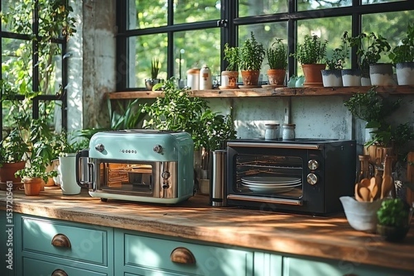 Obraz Retro styled kitchen with teal and black appliances and lush green indoor herb garden
