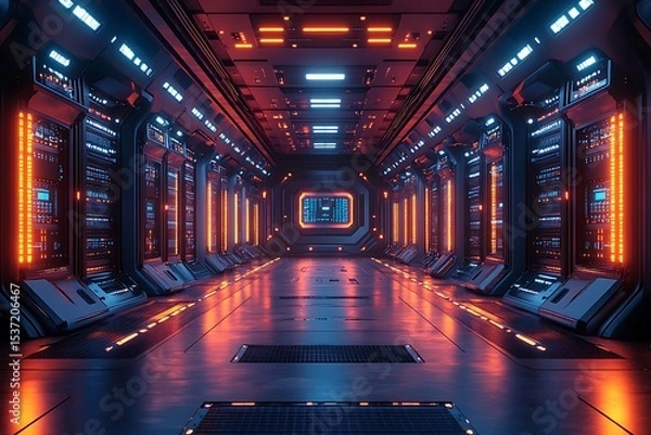 Obraz Futuristic interior design of a server room or data center with bright neon lights
