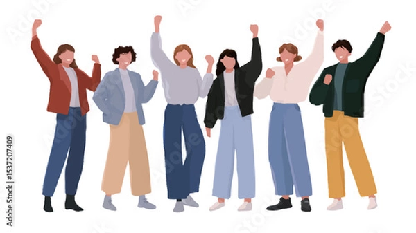 Fototapeta A digital illustration depicting a diverse group of seven young adults, three women and four men, standing together with their arms raised in celebration.  The illustration is rendered in a cartoon