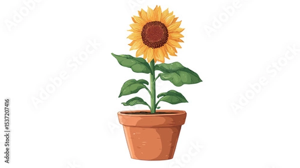 Fototapeta A digital illustration of a single sunflower in a terracotta pot against a white background. The sunflower is depicted in detail, showing its yellow petals, brown center, and green leaves