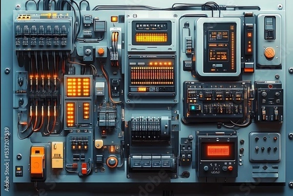 Obraz Detailed close up of a retro futuristic control panel showing various electronic components.