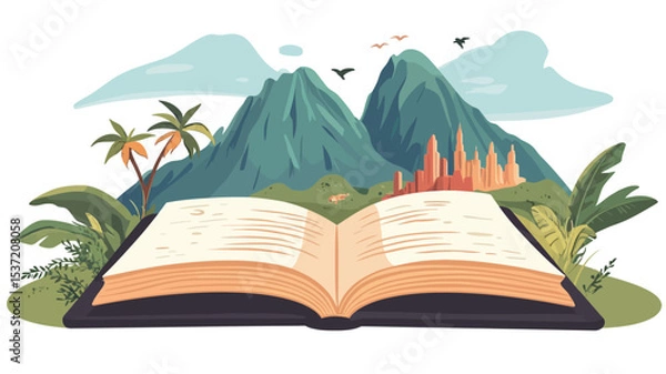 Fototapeta A digital illustration depicting an open book with creamy-colored pages displaying indiscernible text. The book lies on a grassy surface. The background features a vibrant tropical landscape with