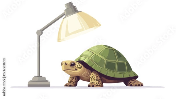 Fototapeta A digital illustration depicting a cartoon tortoise positioned next to a desk lamp against a plain white background. The tortoise is facing left, with its shell predominantly green. The desk lamp