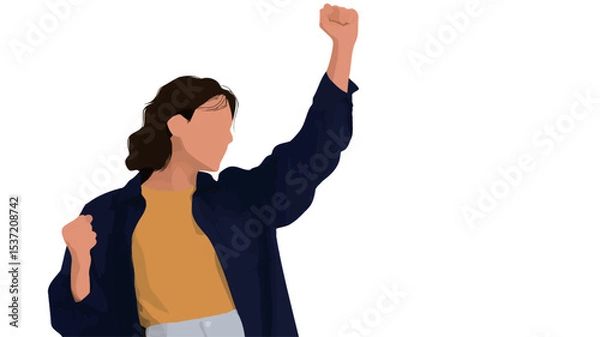 Fototapeta A minimalist vector illustration depicting a woman with short brown hair, wearing a dark blue jacket over a mustard yellow top and light-colored bottom.  The woman is shown in profile view,