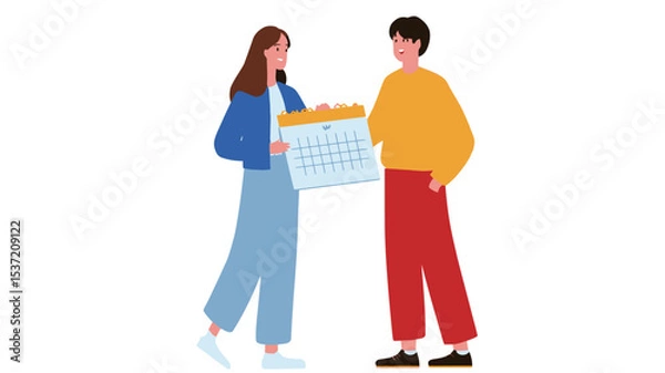 Fototapeta The image is a digital illustration depicting a young man and woman standing facing each other. The woman is holding a large, brightly colored calendar.  Both figures are illustrated in a