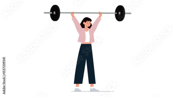 Fototapeta A vector illustration depicts a young woman with dark hair, wearing a pink jacket and dark pants, lifting a barbell overhead.  The style is flat and cartoonish, with simple lines and minimal