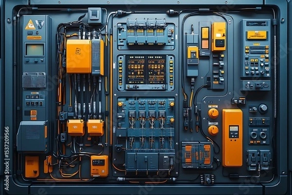 Obraz Futuristic control panel displaying complex instrumentation with wires and electronic components