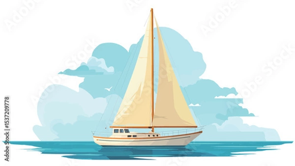 Fototapeta A vector illustration depicting a sailboat with beige sails and a white hull floating on a calm sea. The background features a stylized watercolor-like effect of light blue and white, 