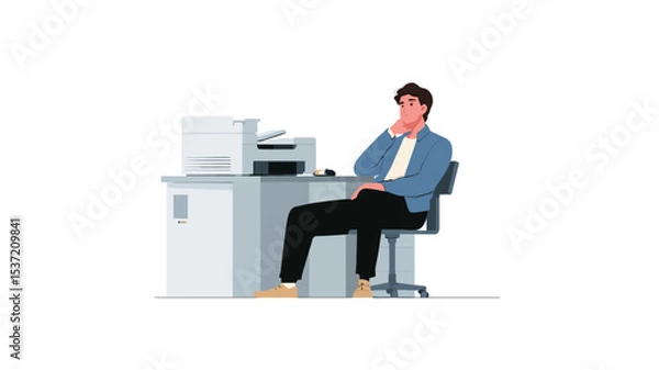 Fototapeta A vector illustration depicting a man sitting at an office desk. He is dressed in a light blue jacket and dark pants and is seated in a black office chair. His hands are near his face, 