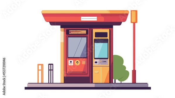 Fototapeta A vector illustration depicting a front view of a modern automated ticket kiosk integrated into a bus stop structure.  The kiosk is predominantly red and yellow, with a flat design style. 