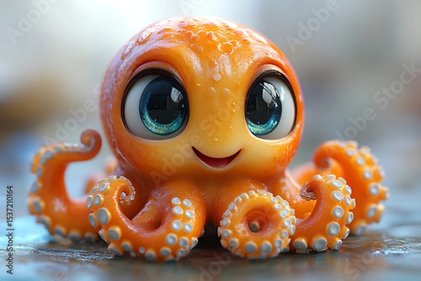 Fototapeta A cute and funny 3D octopus designed in a humorous style