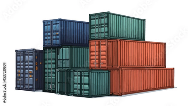 Fototapeta A digital rendering depicts a stack of various sized and colored shipping containers against a white background. The containers are depicted in shades of blue, teal, and orange. 