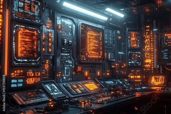 Fototapeta Futuristic control room displaying information and data visualizations with glowing orange lights