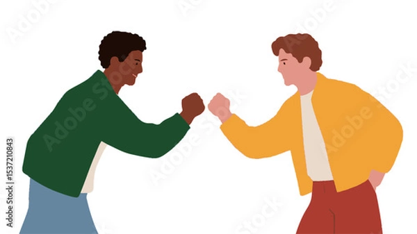 Fototapeta The image is a vector illustration depicting two young men facing each other in a confrontational stance.  One man has dark skin and wears a green jacket; the other man has light skin and wears a