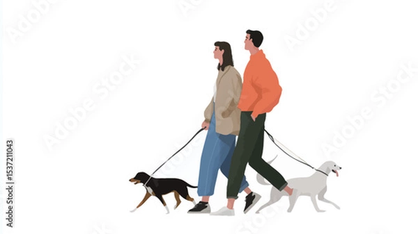Fototapeta A digital illustration depicts a man and a woman walking two dogs on leashes. The style is minimalist and flat, with clean lines and solid colors. The background is white, focusing attention on the