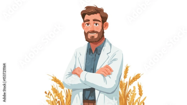 Fototapeta Digital illustration of a man with a beard, wearing a white lab coat, standing with arms crossed. He is depicted from the chest up against a background of stylized wheat stalks. 