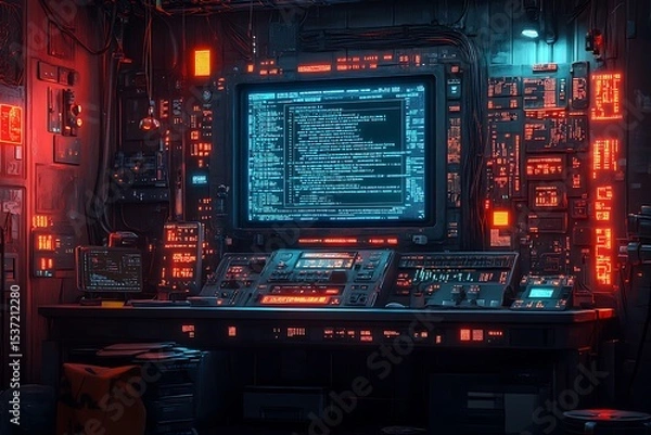 Obraz Cyberpunk command center with illuminated screens and high tech digital interface display